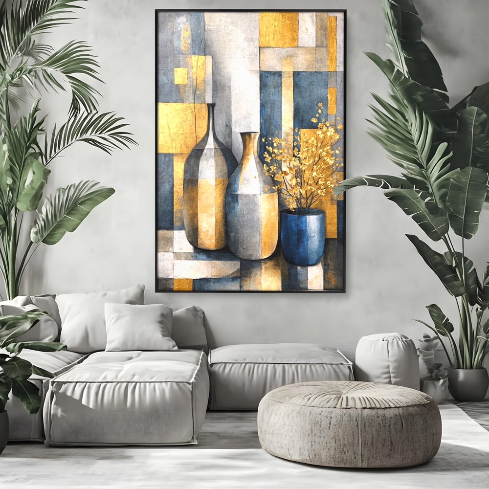 Tablou canvas cu pictura abstracta cu vaze si flori aurite, in rama de aluminiu negru, pe perete intr-un living